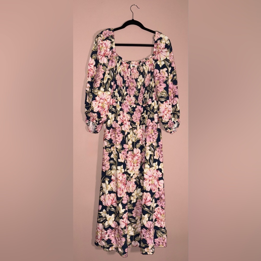 PETAL + PUP Smocked Long Sleeve Floral Maxi Dress in Navy and Pink Size XL
